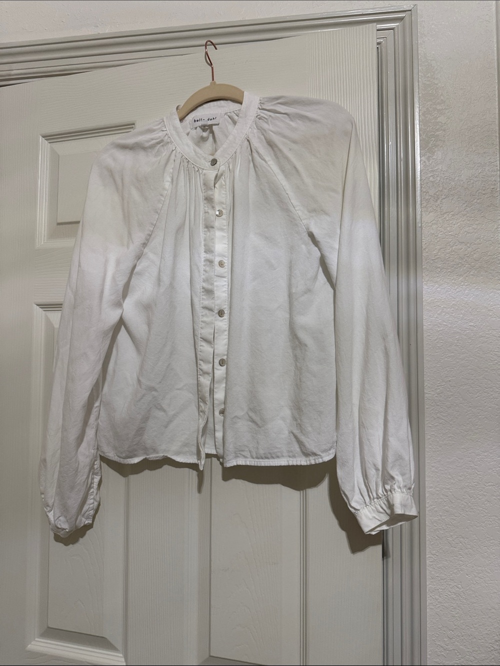 Bella Dahl White Button-Front Peasant Blouse with Gathered Yoke